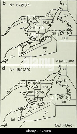 . Die kanadische Feld - naturforscher. 334 Die kanadische Field-Naturalist Vol. 107 52-50-a J I N=3 (0) 60 (62) - &Lt;^ (0), wenn?" p^o^)/(0) 48 - 2 (2) Z (5) 46 - 44 - 42 -/Jan. - Apr. 52 - 50 - c Ich. N=8 (0) 55 (164)^ (7) // (3) 48^0 (1) 2 oder 0 (1) i31 2 ^-^^^^^^ J*m''^^, f n (12) 46 - 23 ys V" 44 - 42 -/July-Sept. 1 ml'1 1'1 1'1'1 N = 272 (87). Ich 'I' I' I' I' I 72 70 68 66 64 62 60 58 56 54 52 72 70 68 66 64 62 60 58 56 54 52 Abbildung 3. Proportionen von bounty Tötungen in den Golf von St. Lawrence und Golf tag Wiedereinziehungen (Daten in Klammern) von Grauen Jungrobben in jeder Jahreszeit. Insgesamt Stockfoto