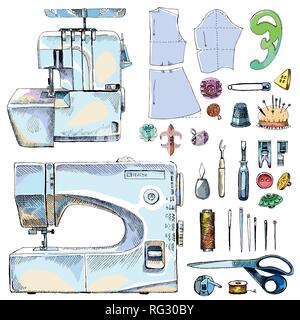 Tailor Shop Hand gezeichnet Unterhaltungsausstattung mit Nähmaschine Stock Vektor
