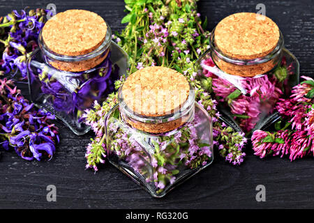 Satz von heilenden Kräutern. frischem Thymian, Salbei und Rotklee Kraut in der Flasche. Alternative Medizin Konzept auf schwarzen Holztisch (selektive Fokus). Stockfoto