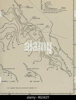 . Kalifornien unterströmung Aufklärung zwischen Monterey und Santa Barbara. Ozeanographie. SAN FRANCISCO O10 20 JO 40 50 CM/SECj UNGEFÄHRE SPEEO. Abbildung 3. Geostrophische Strömung der Kalifornien aktuelle an der Oberfläche, den 28. April - 30. Mai 1953 [von Wyllie, 1966]. 14. Bitte beachten Sie, dass diese Bilder sind von der gescannten Seite Bilder, die digital für die Lesbarkeit verbessert haben mögen - Färbung und Aussehen dieser Abbildungen können nicht perfekt dem Original ähneln. extrahiert. Molnar, David Louis.. Monterey, Kalifornien: US Naval Postgraduate School Stockfoto