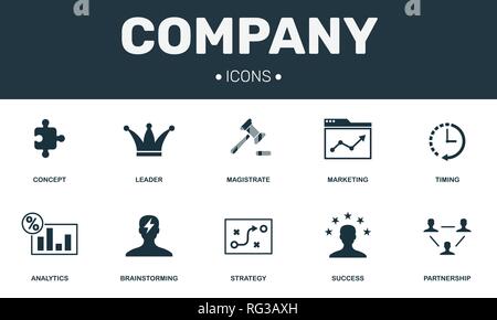 Das Unternehmen icons Collection. Enthält einfache Elemente wie Leader, Brainstorming, Partnerschaft, Erfolg und Analytics premium Symbole. Stock Vektor