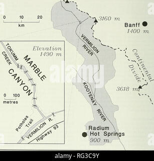 . Die kanadische Feld - naturforscher. 284 Die kanadische Field-Naturalist Vol. 107 BRITISH COLUMBIA Lake Louise 1530 m 3424 m Alberta Banff • 1400 m. Abbildung 1. Karte der Studie, zeigen Marble Canyon (Einsatz) und Kootenay National Park (schattierter Bereich). Die Position 1 der Schlaglöcher Trail (Einfügung) ist eine ungefähre Angabe. (1983). Gemeinsamen Namen sind nach Moos (1983), wo möglich, ansonsten gemeinsamen Namen sind die aufgeführten durch Alberta Energie- und Forstwirtschaft, Land und Tierwelt (1992). Diejenigen Arten, die in Marble Canyon, die verdächtigt werden, in anderen Ländern vor allem in großen Höhen (&gt; 2000 m) Wir auftreten Stockfoto