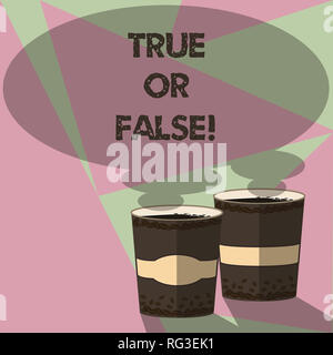 Schreiben Hinweis angezeigt Wahr oder Falsequestion. Business foto Präsentation Serie von Aussagen als wahr oder falsch zu wechseln Tasse mit Trinken ein. Stockfoto