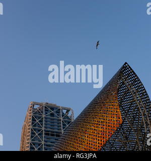 Frank Gehry's Golden Edelstahl Fisch Skulptur an der Küste von Barcelona Barcelona Spanien Stockfoto