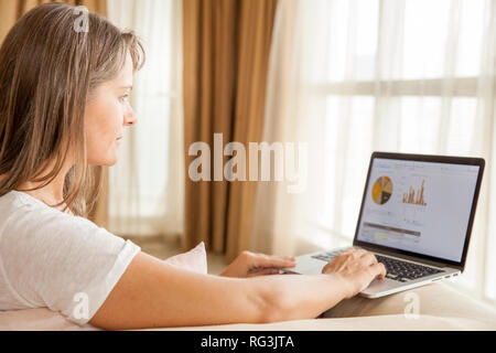 Reife attraktive Frau arbeitet am Laptop sitzen auf einem Sofa in Ihrem Wohnzimmer Stockfoto