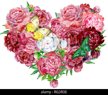 Aquarell Herzen rosa Pfingstrosen mit Schmetterlingen, von Hand bemalt Stockfoto