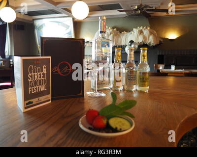 Gin & Street Festival Tabelle Sprecher für eine Kneipe in Watford mit Martin Millers Gin und fevertree Stärkungsmittel - Watford, Hertfordshire, UK Stockfoto