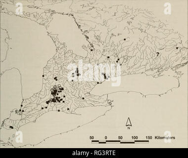 . Die kanadische Feld - naturforscher. Natural History. 2001 Holm und Crossman: Aktualisierte Status der Zentralen Stoneroller 161 F 5^. 150 Kilometer Abbildung 3. Kanadische Verteilung der Zentralen Stoneroller, 1972 bis 1996. Offene Kreise repräsentieren Datensätze nach McAllister (1987). Solide Quadrate stellen Aufzeichnungen seit McAllister (1987 entdeckt). Das Fragezeichen repräsentiert die Kaladar Bereich Sammlungen. McKee und Parker (1982) berichtete, dass es fre wurde in Folge der häufigste Fisch in die Upper Thames Drainage. Sie gaben dichte Schätzungen für Ontario (0.37-3 .72 Fisch nr 2, n=3), die Stockfoto