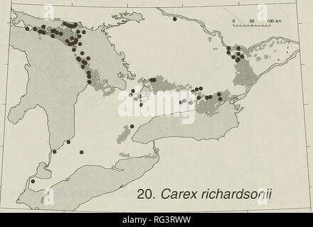 . Die kanadische Feld - naturforscher. Natural History. Abbildungen 17-20. Die Verteilungen der Gefässpflanzen in southern Ontario (auf herbarbelege) in Bezug auf Kalk- stein Ebenen Landschaften (schattiert). 17. Geranium carolinianum. 18. Myosotis Verna. 19. Pellaea atropurpurea. 20. Carex richardsonii. sind in unterschiedlichen klimatischen Regionen des südlichen Ontario, Klima allein könnte für einige dieser Varia- tion (Braun et al. Konto 1980). Zahlreiche Arten sind in Ontario und nur auf dem Stein Straße Alvar auf Pelee Insel oder auf anderen alvars der westlichen Lake Erie region gefunden, aber diese sind zu begrenzt t Stockfoto