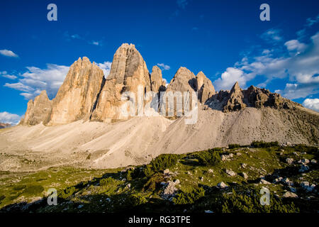 Der norden Gesichter der Berg Gruppe Tre Cime di Lavaredo Stockfoto