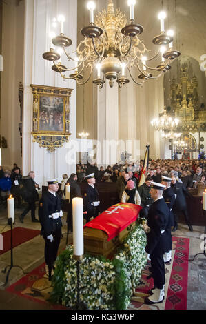 Ein Sarg mit dem Bürgermeister von Danzig, Paweł Ottar während der Heiligen Messe in der Marienkirche in Danzig, Polen. Danzig, Polen. 18. Januar 2019 © Stockfoto