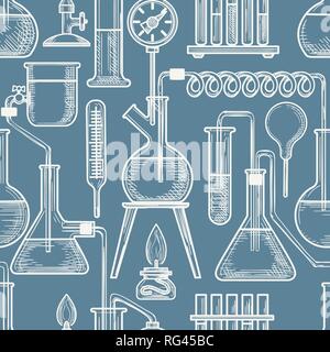 Chemische Skizze vektor Muster. Becher und Brenner, die Spule und die Kolben Laborgeräte Hand blau nahtlose Muster gezeichnet Stock Vektor
