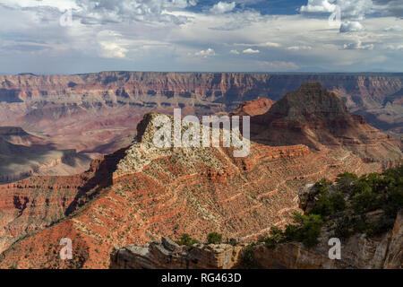 Blick von der Cape Royal in Richtung Freya Schloss und Vishnu Tempel & der Grand Canyon (ca SE), Grand Canyon North Rim, AZ, USA.. Stockfoto