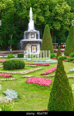 Juli 1, 2018: St. Petersburg, Russland: Wasser Brunnen und schönen Pflanzen und Gärten am Schloss Peterhof im Sommer Stockfoto