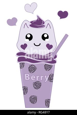 Kawaii Blaubeeren Milchshake mit Kätzchen. Vektor Datei EPS 10. Stock Vektor