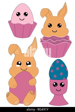 Kawaii Ostern set mit Osterhase, cupcake und Ostereier. Vektor Datei Eps 10. Stock Vektor