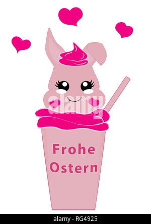 Kawaii Osterhase Mädchen in Milchshake. Vektor Datei EPS 10 Mit text Frohe Ostern in deutscher Sprache Stock Vektor