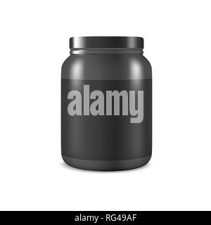 Vektor realistische 3D-Kunststoff schwarz Glas, können mit Deckel Closeup isoliert auf weißem Hintergrund. Design Template von Whey Protein, Sport Pulver, Vitamine Stock Vektor