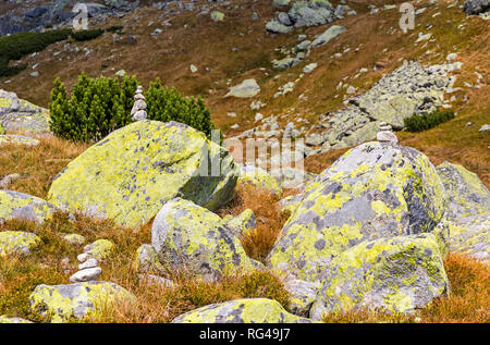 Wandern in der Hohen Tatra (Vysoke Tatry), die Slowakei. Balancing Steine in Mlynicka Valley gesehen auf dem Weg zum Wasserfall Skok (1789 m) Stockfoto