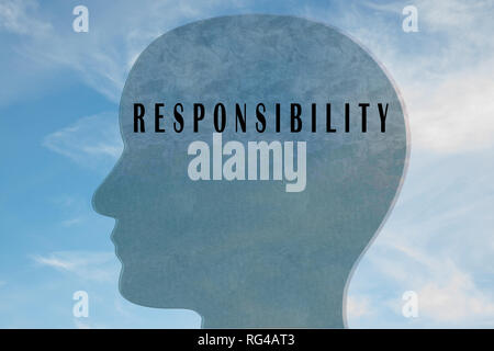 Render Abbildung: Verantwortung Titel auf dem Kopf silhouette, mit bewölktem Himmel als Hintergrund. Stockfoto