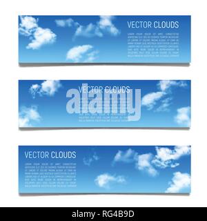 Der Vektor Banner mit blauem Himmel und realistischen Wolken. Stock Vektor