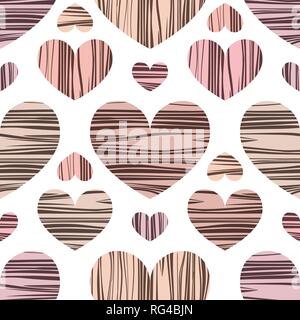 Pastellfarbene Herzen mit Streifen. Hintergrund mit nahtlosem Muster. Vektorabbildung. Hintergrundbild zum Valentinstag Stock Vektor