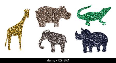 Afrikanische Tiere. Safari-Vektor-Illustration. Satz von Symbolen. Mehrfarbige Pailletten. Stock Vektor