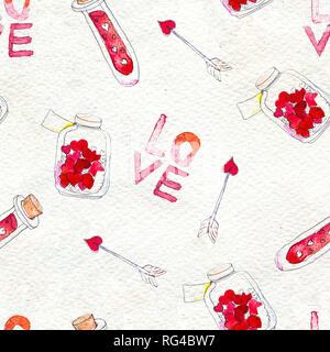 Happy Valentines Tag. Nahtlose Muster mit roten Aquarell Herzen lieben Gift und Pfeile. Liebe Valentinstag Hand gezeichnet Hintergrund. Geschenkpapier oder Text Stockfoto
