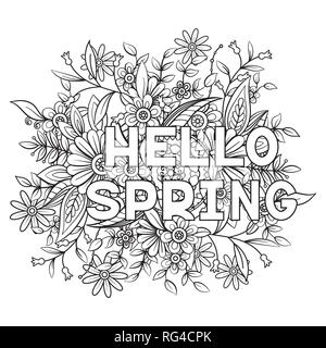 Hallo Frühling Färbung Seite mit schönen Blumen. Schwarze und weiße Vector Illustration. Grußkarte Vorlage. Auf weissem Hintergrund Stock Vektor