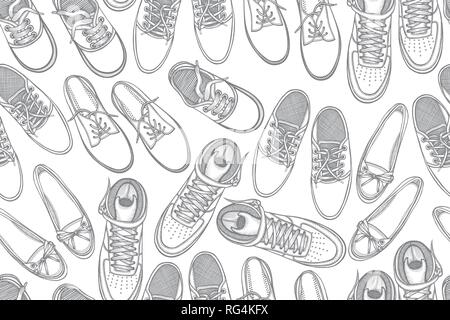Nahtlose Muster mit Schuhen. Hand gumshoes gezeichnet Stock Vektor