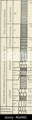 . Bulletins der amerikanischen Paläontologie. Bewohner von kleineren Foraminiferen: Conkin 171 ORT K-50 â = 13. Schiefer, schwarz und grau Schichten inter-gebettet. * 12. Schiefer, schwarz, Spaltbar; mit Schizobolus concentricus, Orbiculoides lodiensis, Schiefer, grau, kalkhaltige, mit harten Tonschichten überlagert. Schiefer, subfissile, schwarz, Kalkhaltigen; Lingulopora williamsana. Kalkstein. Schiefer, spaltbar, schwarz; keine Fossilien. Kalkstein und Schiefer. Schiefer, Kalk, schwarz. Schiefer, erdig, grünlich bis Schwarz. * 4. Kalkstein, Braun. * 3. Kalkstein, shaly, grau bis schwarz. * 2. Kalkstein, Braun. 1. Kalkstein.. Bitte beachten Sie. Stockfoto