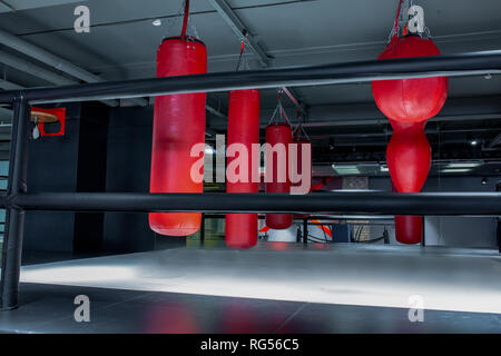 Red Boxsäcke mit Fitnessraum Hintergrund. Birnen für Boxen Stockfoto