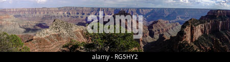 Panoramablick von der Cape Royal Sicht in Richtung Freya Schloss & Vishnu Tempel, Canyon North Rim, AZ, USA. Stockfoto