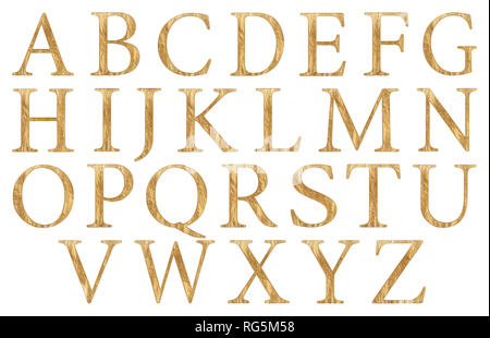 Satz von englischen Alphabet Buchstaben in Großbuchstaben, gold Textur, auf weißem Hintergrund, 3D-Darstellung Stockfoto