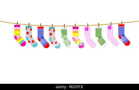 Eine Reihe von Kinder Socken sind auf einem Seil getrocknet. Vector Illustration auf weißem Hintergrund. Stock Vektor