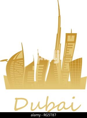 Dubai Stadt mit Wolkenkratzern und Wahrzeichen Vector Illustration. Goldenen Farben. Stock Vektor