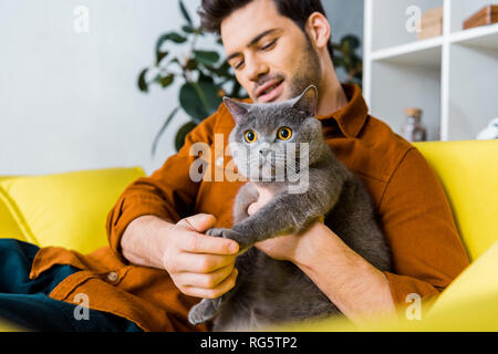 Lässig lächelnd Mann mit Britisch Kurzhaar Katze sitzt auf dem Sofa zu Hause Stockfoto