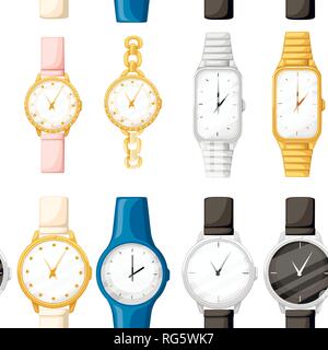 Nahtlose Muster. Der unterschiedliche Stil und Farbe Armbanduhren. Mann und Frauen Uhren Kollektion. Flache Vector Illustration auf weißem Hintergrund. Stock Vektor