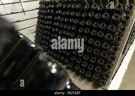 Sekt Flaschen in den Kellern des Weingutes, Sekt gärenden auf steht, Stockfoto