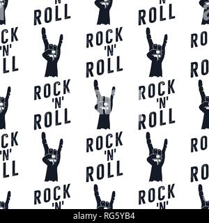 Rock n Roll Muster mit Handzeichen Symbol und Typografie. Silhouette Retro Stil nahtlose harte Musik Hintergrund. Vektor monochrome Schwere Stock Vektor