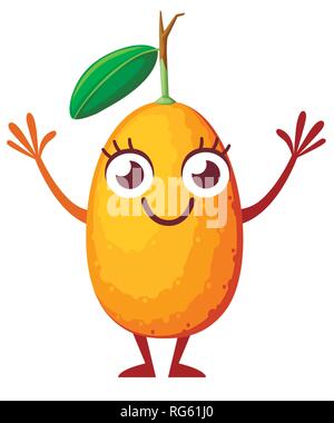 Cartoon Character Design. Ovale kumquat mit grünen Blättern. Obst mit Augen, Händen und Beinen. Flache Vector Illustration auf weißem Hintergrund. Stock Vektor