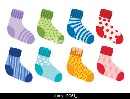 Farbige wolle gestrickten Socken Kollektion. Socken mit unterschiedlichen Muster und Strukturen. Bunte eingestellt. Flache Vector Illustration auf weißem Hintergrund. Stock Vektor