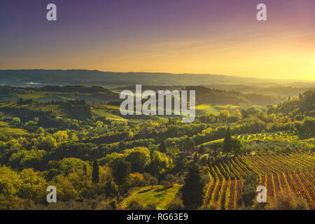 Panoramablick auf die Landschaft des Chianti und Vernaccia Weinbergen von San Gimignano auf den Sonnenaufgang. Toskana, Italien, Europa. Stockfoto