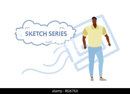 Muskulatur athletischer Mann legere Kleidung Fashion Style Konzept african american Guy standing pose Skizze doodle voller Länge horizontal Stock Vektor