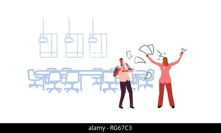 Unzufrieden Frau boss werfen papers Dokumente schreiend auf frustrierter Mann Arbeitnehmer schlechter Job Konzept verärgert Arbeitgeber schreien Mitarbeiter moderne Büro Stock Vektor