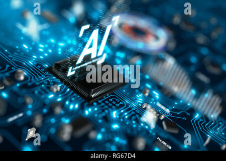 3D-Render AI künstliche Intelligenz Technologie-CPU Central Processor Unit-Chipsatz auf der Platine für die elektronische- und Technologiekonzept Stockfoto