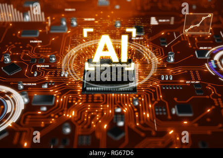 3D-Render AI künstliche Intelligenz Technologie-CPU Central Processor Unit-Chipsatz auf der Platine für die elektronische- und Technologiekonzept Stockfoto