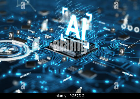 3D-Render AI künstliche Intelligenz Technologie-CPU Central Processor Unit-Chipsatz auf der Platine für die elektronische- und Technologiekonzept Stockfoto