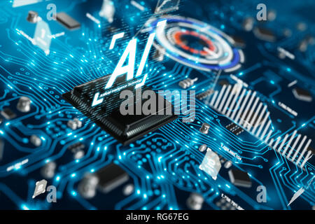 3D-Render AI künstliche Intelligenz Technologie-CPU Central Processor Unit-Chipsatz auf der Platine für die elektronische- und Technologiekonzept Stockfoto