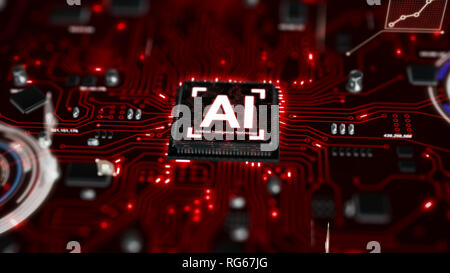 3D-Render AI künstliche Intelligenz Technologie-CPU Central Processor Unit-Chipsatz auf der Platine für die elektronische- und Technologiekonzept Stockfoto